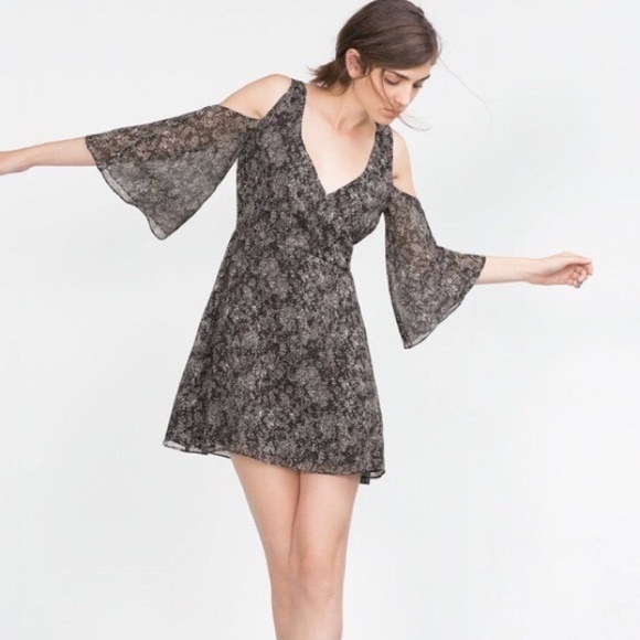 Zara Dresses & Skirts - ZARA | Cold Shoulder Bell Sleeve Grey Mini Dress S